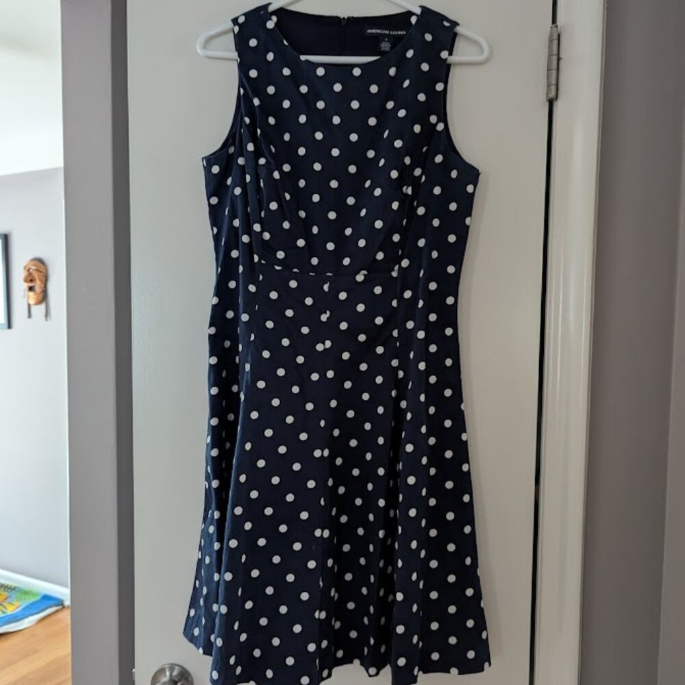 AMERICAN LIVING by Ralph Lauren Polka Dot Sleevelss Dress  Navy and White